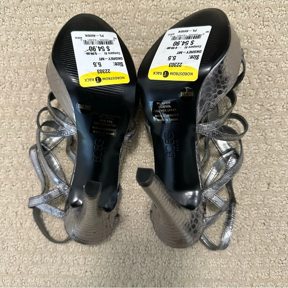 BCBG New Without Box Strappy Platform Snake Pattern Silver Heels Size 5.5! - Picture 2 of 9